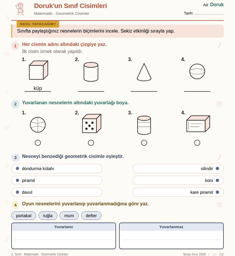 Geometrik Cisimler konulu örnek etkinlik kâğıdı